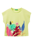 Benetton Kids' Cotton Tropical Applique Kimono T-Shirt, Optical White, Lime