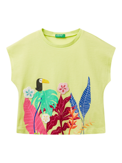 Benetton Kids' Cotton Tropical Applique Kimono T-Shirt, Optical White, Lime