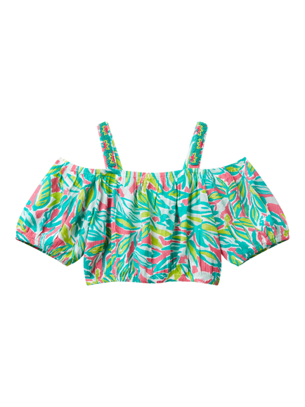 Benetton Kids' Beaded Off Shoulder Tropical Print Crop Top, Multicolor, Multicolor