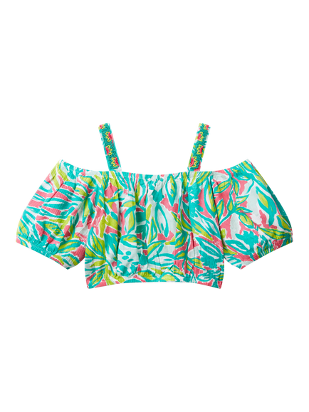 Benetton Kids' Beaded Off Shoulder Tropical Print Crop Top, Multicolor - view 2, Multicolor
