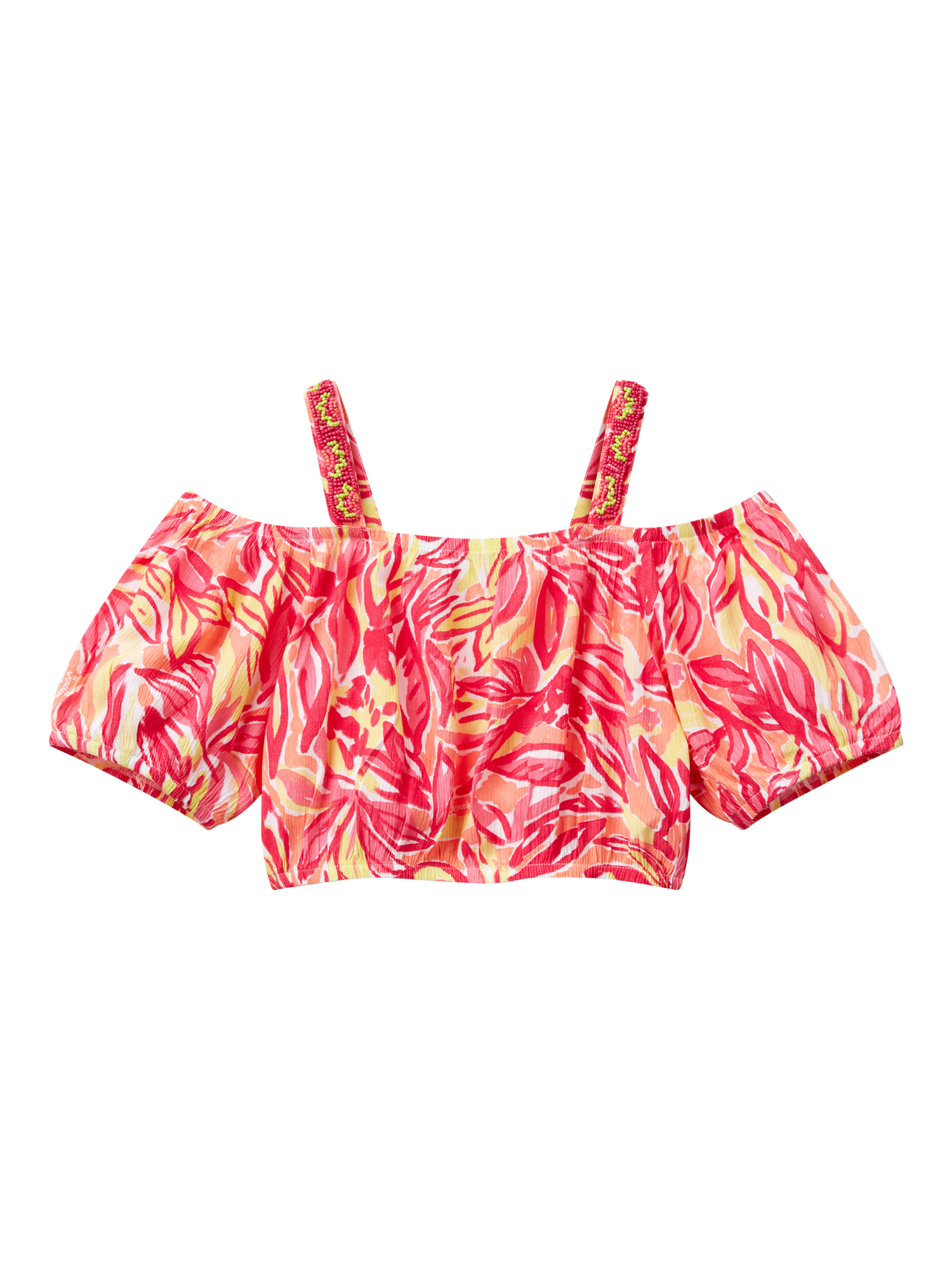 Product image 1 of 3, which shows Benetton Kids' Beaded Off Shoulder Printed Top, Multicolor, 6-7 years