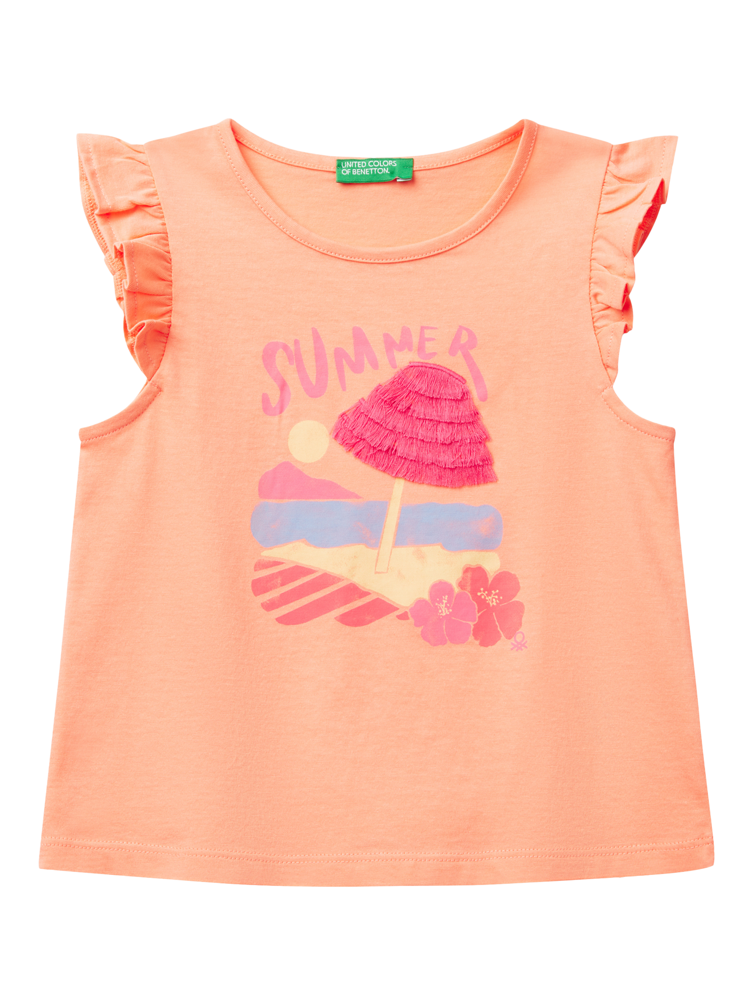 Product image 1 of 3, which shows Benetton Kids' Cotton Frill Sleeves Tassel Tank Top, Peach, 3-4 years