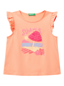 Benetton Kids' Cotton Frill Sleeves Tassel Tank Top, Peach, Peach