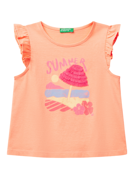 Benetton Kids' Cotton Frill Sleeves Tassel Tank Top, Peach, Peach