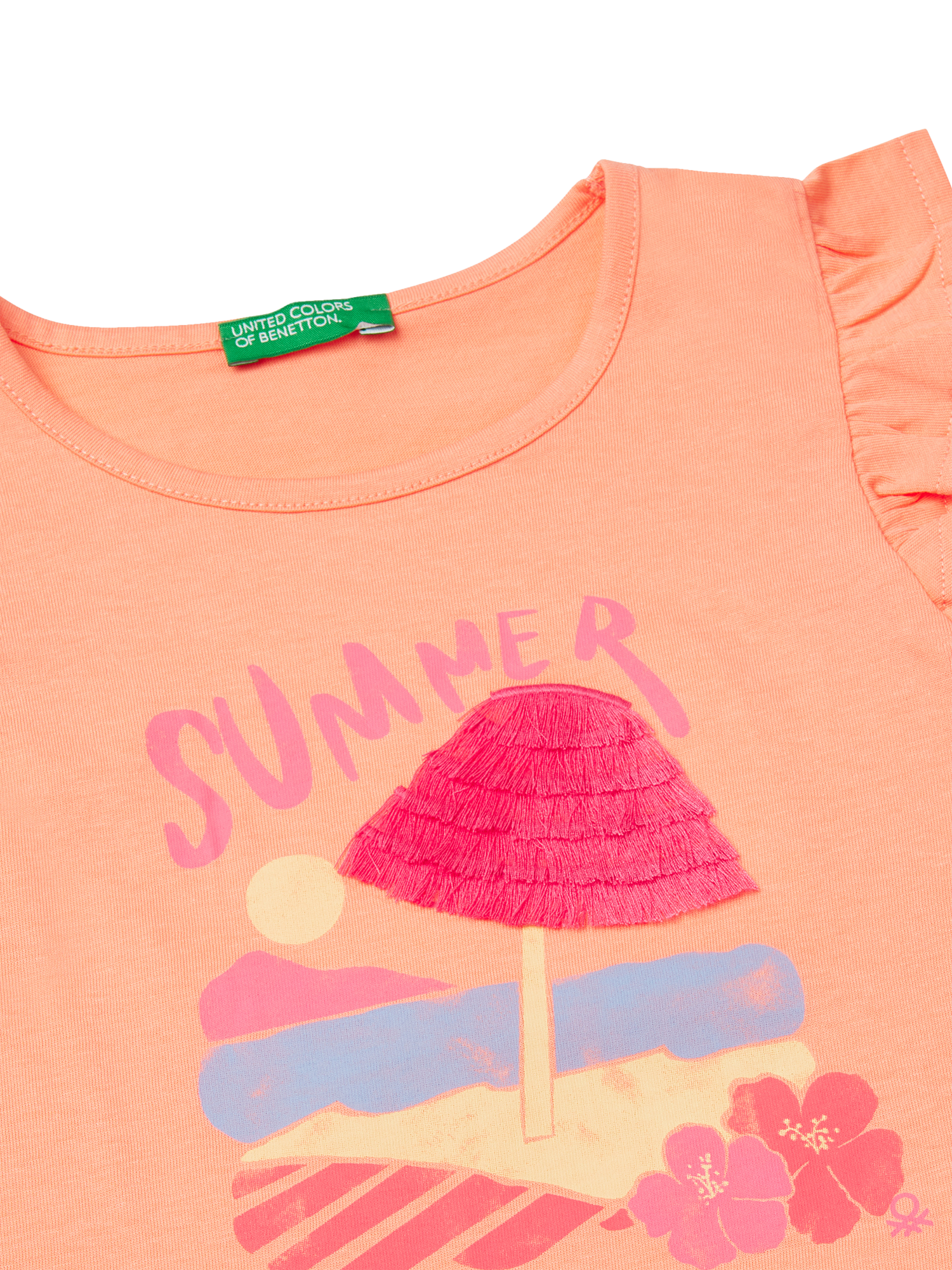 Product image 3 of 3, which shows Benetton Kids' Cotton Frill Sleeves Tassel Tank Top, Peach, 3-4 years
