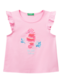 Benetton Kids' Cotton Frill Sleeve Tassel Seahorse Tank Top, Pink