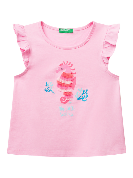 Benetton Kids' Cotton Frill Sleeve Tassel Seahorse Tank Top, Pink