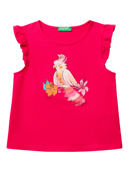 Benetton Kids' Cotton Tassel Bird Cap Sleeved Tank Top, Fuchsia, Fuchsia