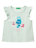 Benetton Kids' Cotton Frill Sleeve Tassel Seahorse Tank Top, Teal Green