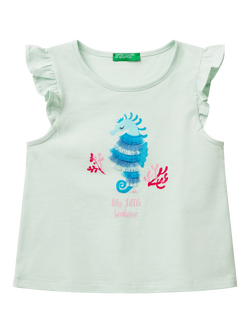 Benetton Kids' Cotton Frill Sleeve Tassel Seahorse Tank Top, Teal Green