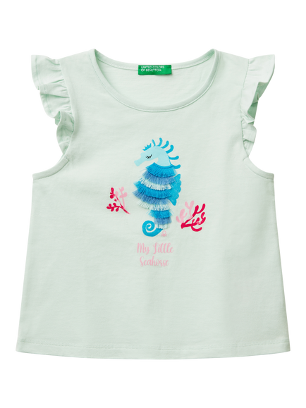 Benetton Kids' Cotton Frill Sleeve Tassel Seahorse Tank Top, Teal Green