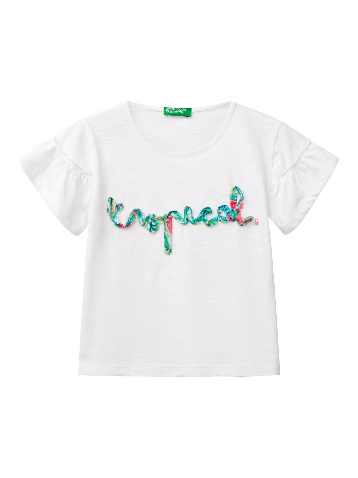 Product image 1 of 3, which shows Benetton Kids' Cotton Ruffle Sleeve Tropical T-Shirt, Optical White, 3-4 years