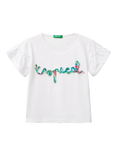 Benetton Kids' Cotton Ruffle Sleeve Tropical T-Shirt, Optical White