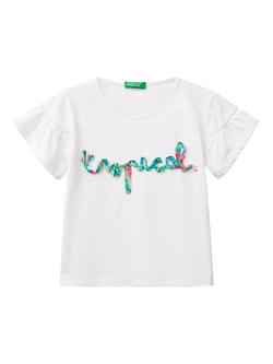 Benetton Kids' Cotton Ruffle Sleeve Tropical T-Shirt, Optical White, Optical White