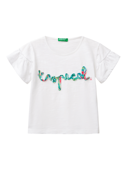 Benetton Kids' Cotton Ruffle Sleeve Tropical T-Shirt, Optical White, Optical White