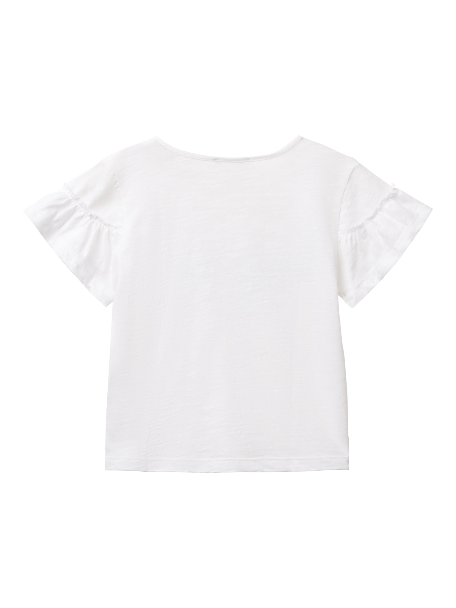 Product image 2 of 3, which shows Benetton Kids' Cotton Ruffle Sleeve Tropical T-Shirt, Optical White, 3-4 years