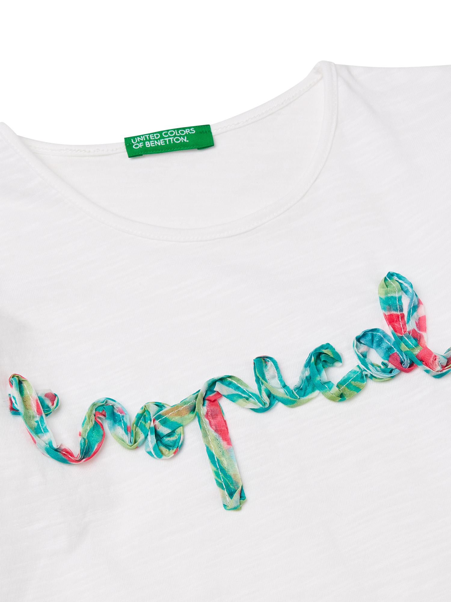 Product image 3 of 3, which shows Benetton Kids' Cotton Ruffle Sleeve Tropical T-Shirt, Optical White, 3-4 years