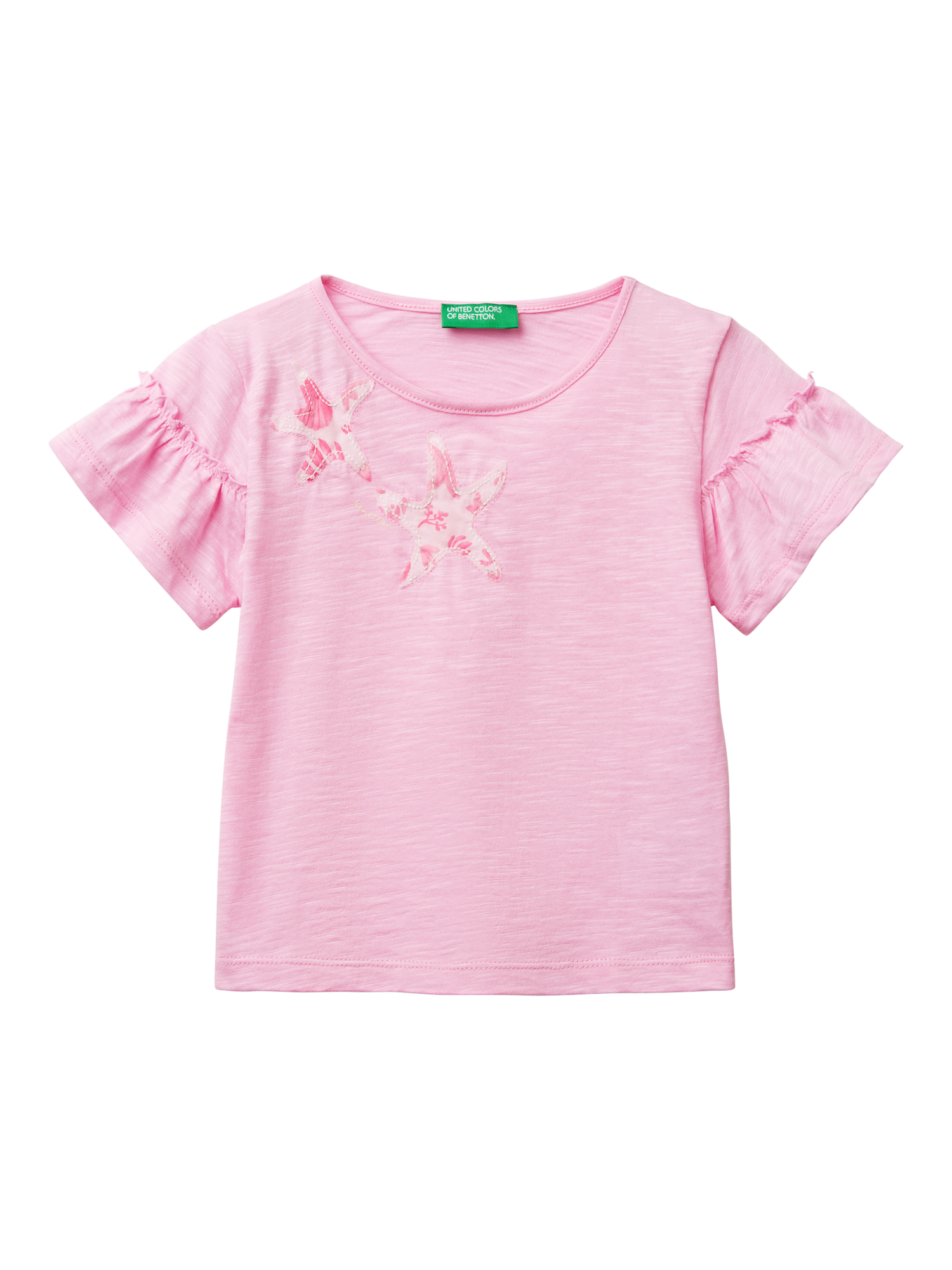 Product image 1 of 3, which shows Benetton Kids' Cotton Ruffle Sleeve Starfish T-Shirt, Pink, 3-4 years