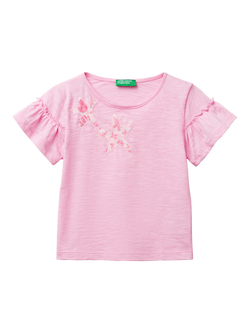Benetton Kids' Cotton Ruffle Sleeve Starfish T-Shirt, Pink, Pink