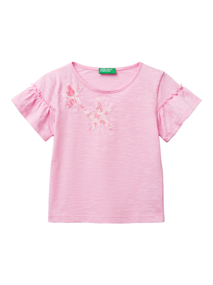 Benetton Kids' Cotton Ruffle Sleeve Starfish T-Shirt, Pink, Pink