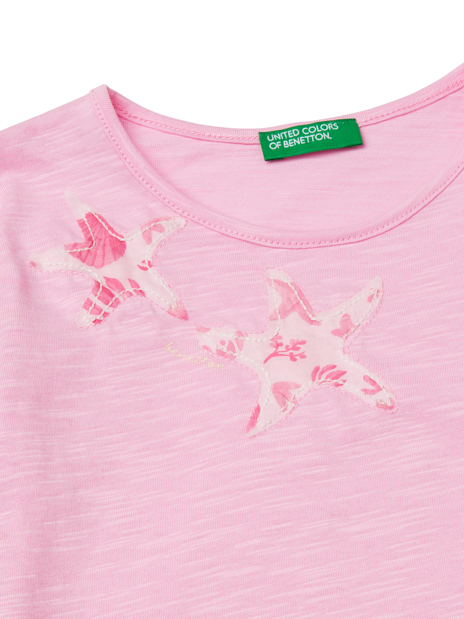 Product image 3 of 3, which shows Benetton Kids' Cotton Ruffle Sleeve Starfish T-Shirt, Pink, 3-4 years