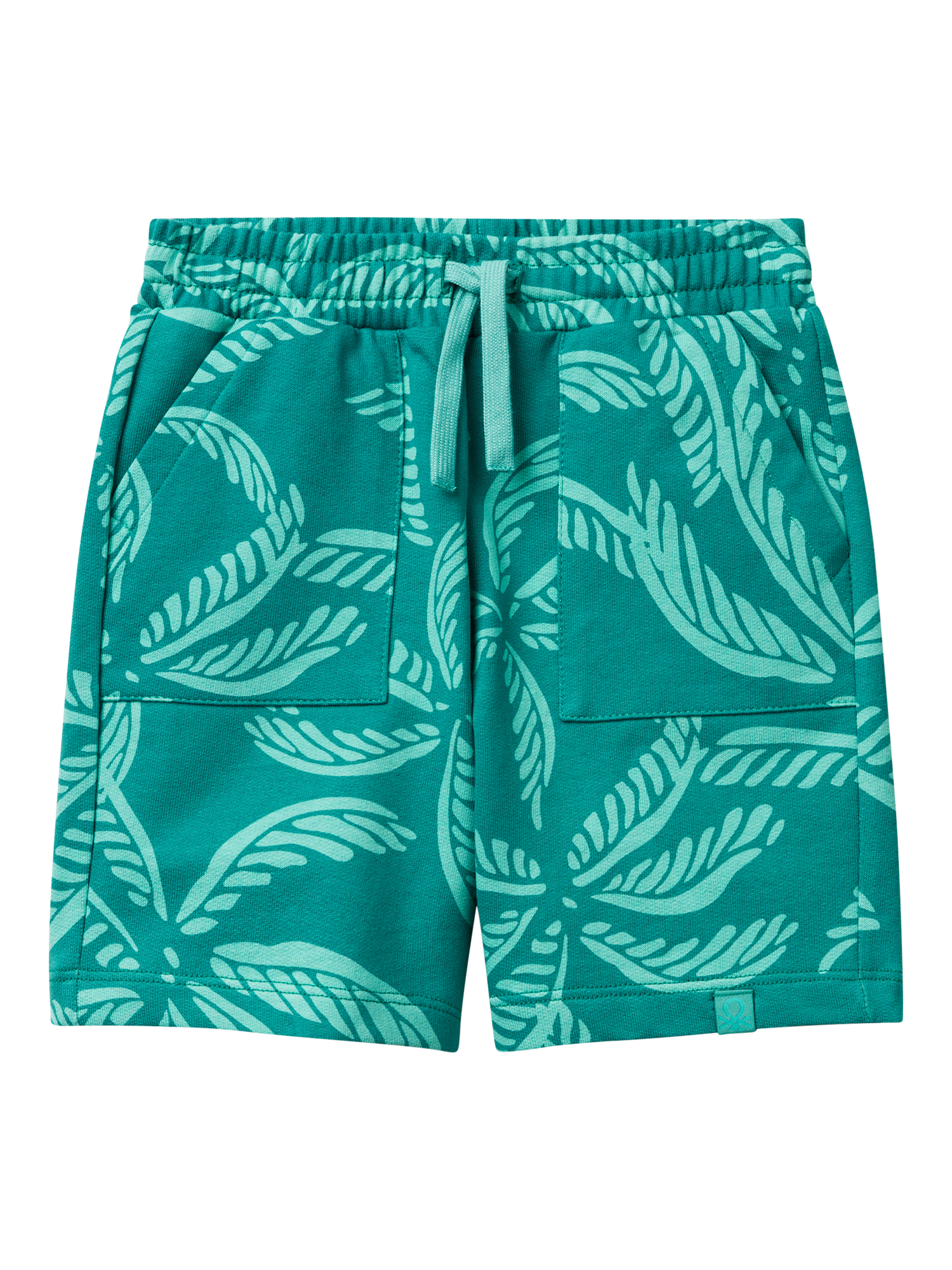 Product image 1 of 3, which shows Benetton Kids' Cotton Fleece Leaf Print Shorts, Green/Multi, 6-7 years