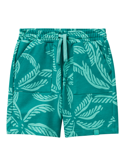 Benetton Kids' Cotton Fleece Leaf Print Shorts, Green/Multi