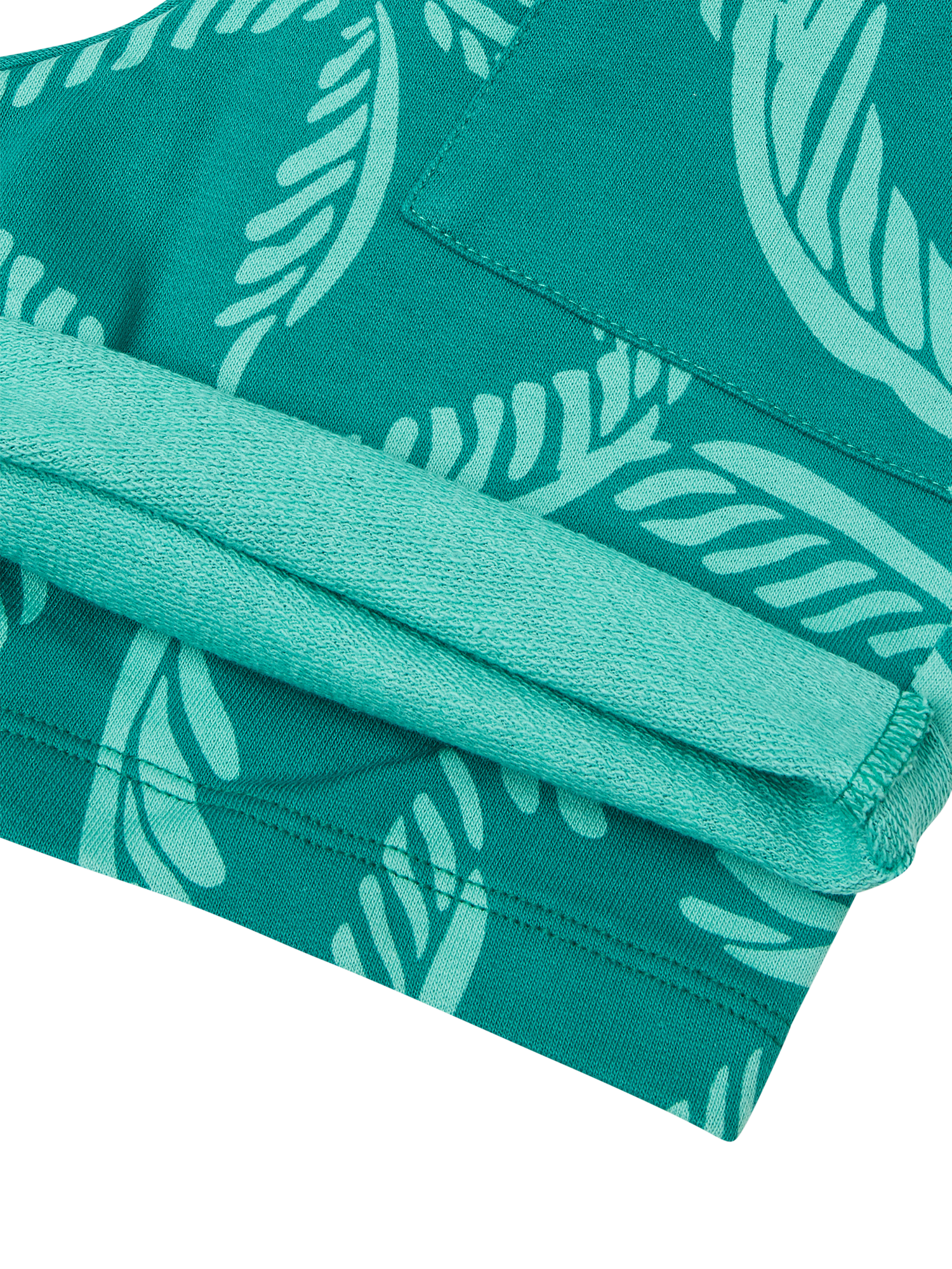 Product image 3 of 3, which shows Benetton Kids' Cotton Fleece Leaf Print Shorts, Green/Multi, 6-7 years