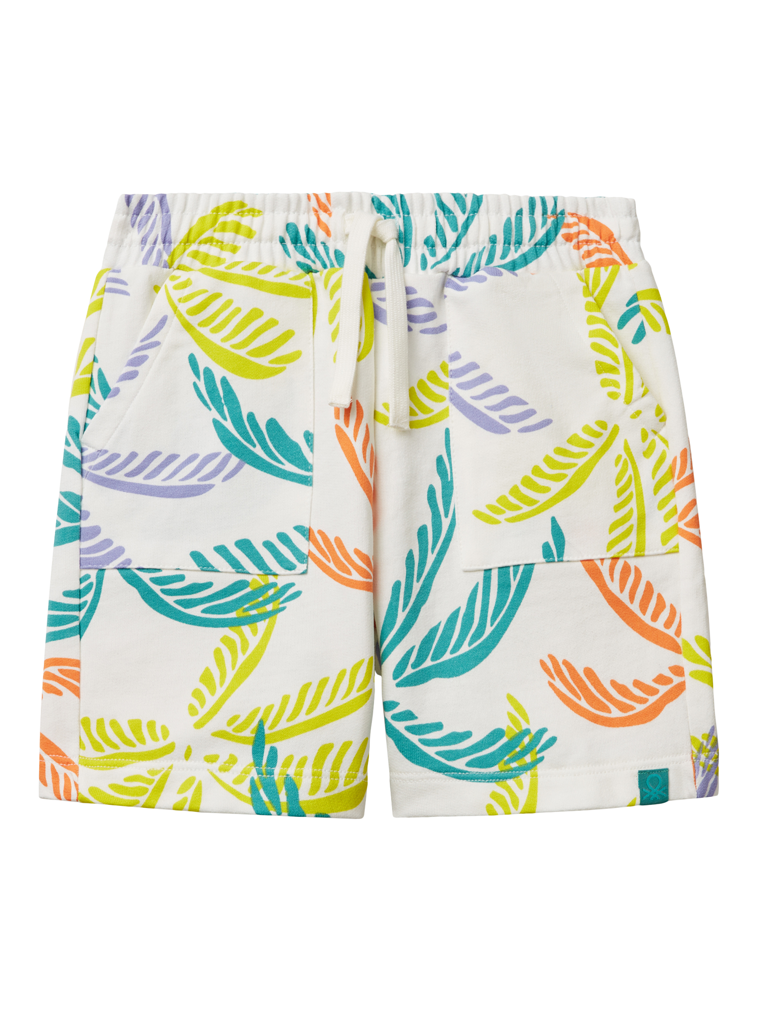 Product image 1 of 3, which shows Benetton Kids' Cotton Fleece Leaf Print Shorts, White/Multi, 18-24 months