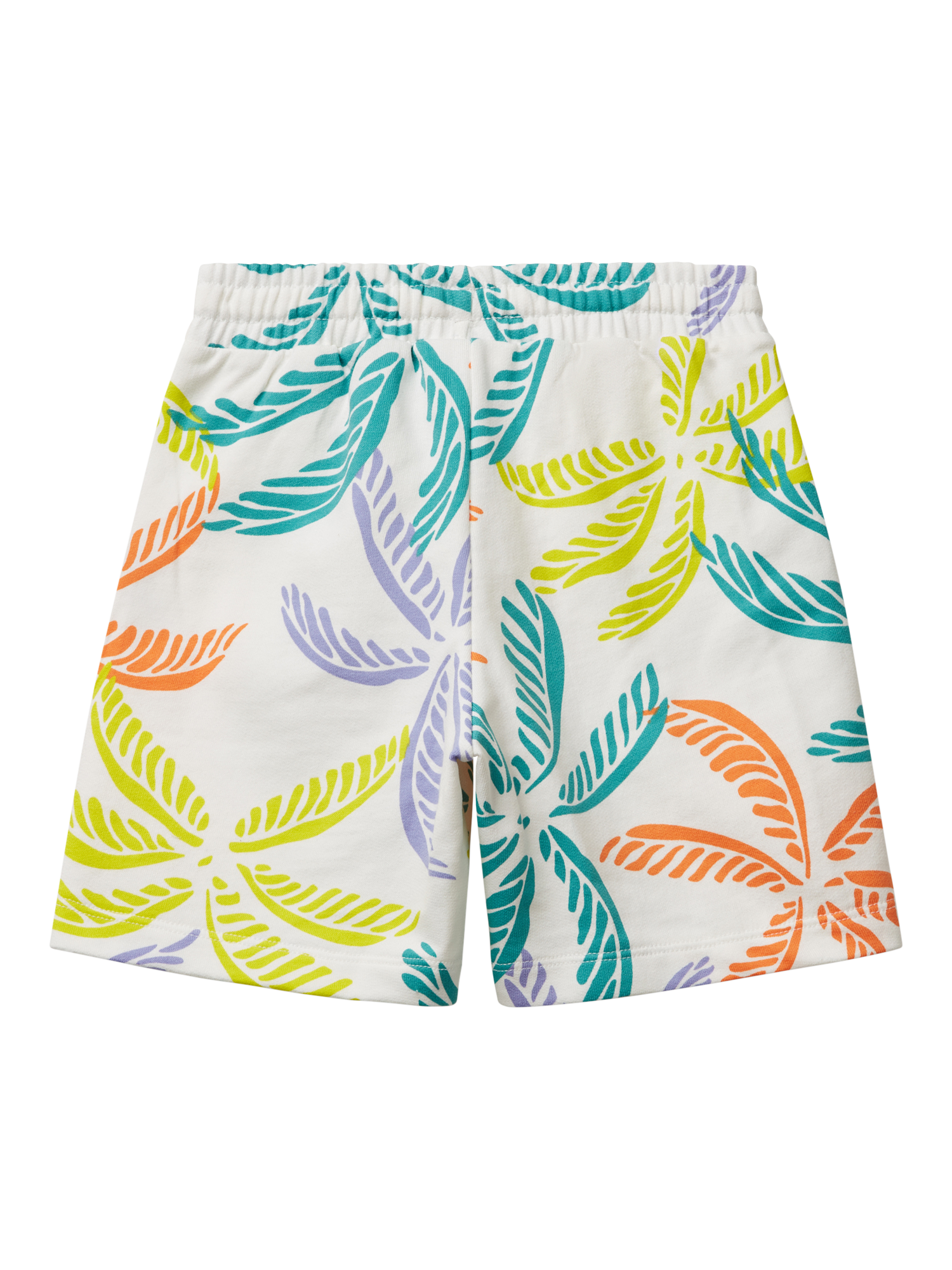 Product image 2 of 3, which shows Benetton Kids' Cotton Fleece Leaf Print Shorts, White/Multi, 18-24 months