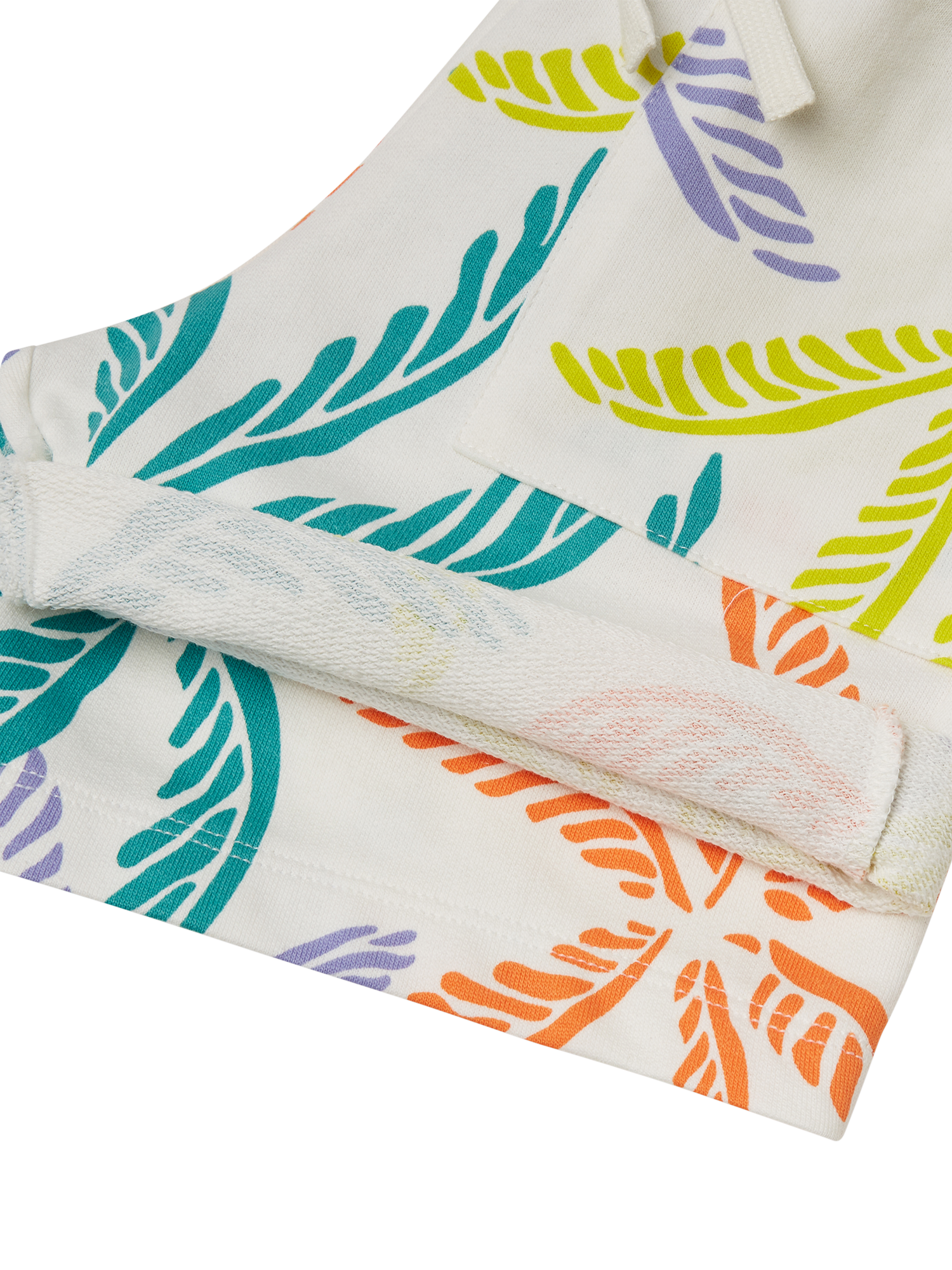 Product image 3 of 3, which shows Benetton Kids' Cotton Fleece Leaf Print Shorts, White/Multi, 18-24 months