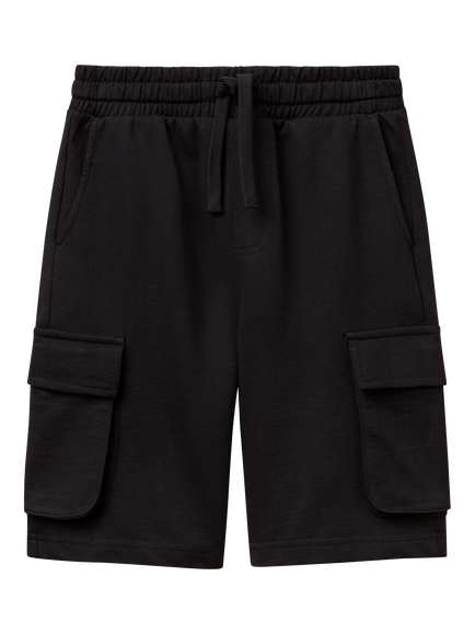 Benetton Kids' Cotton Elasticated Bermuda Shorts, Black, Black