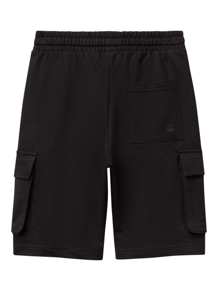 Benetton Kids' Cotton Elasticated Bermuda Shorts, Black - view 2, Black