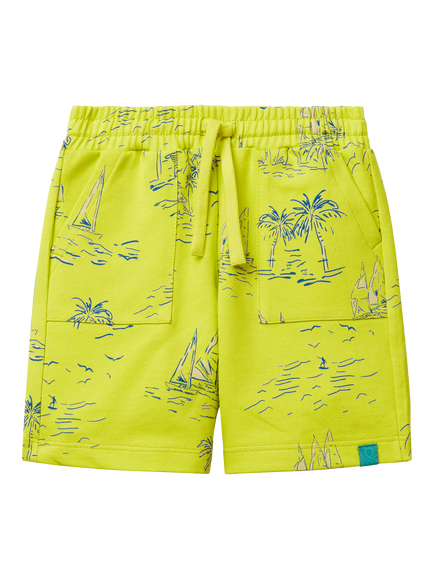 Benetton Kids' Cotton Fleece Palm Tree Print Shorts, Multicolor