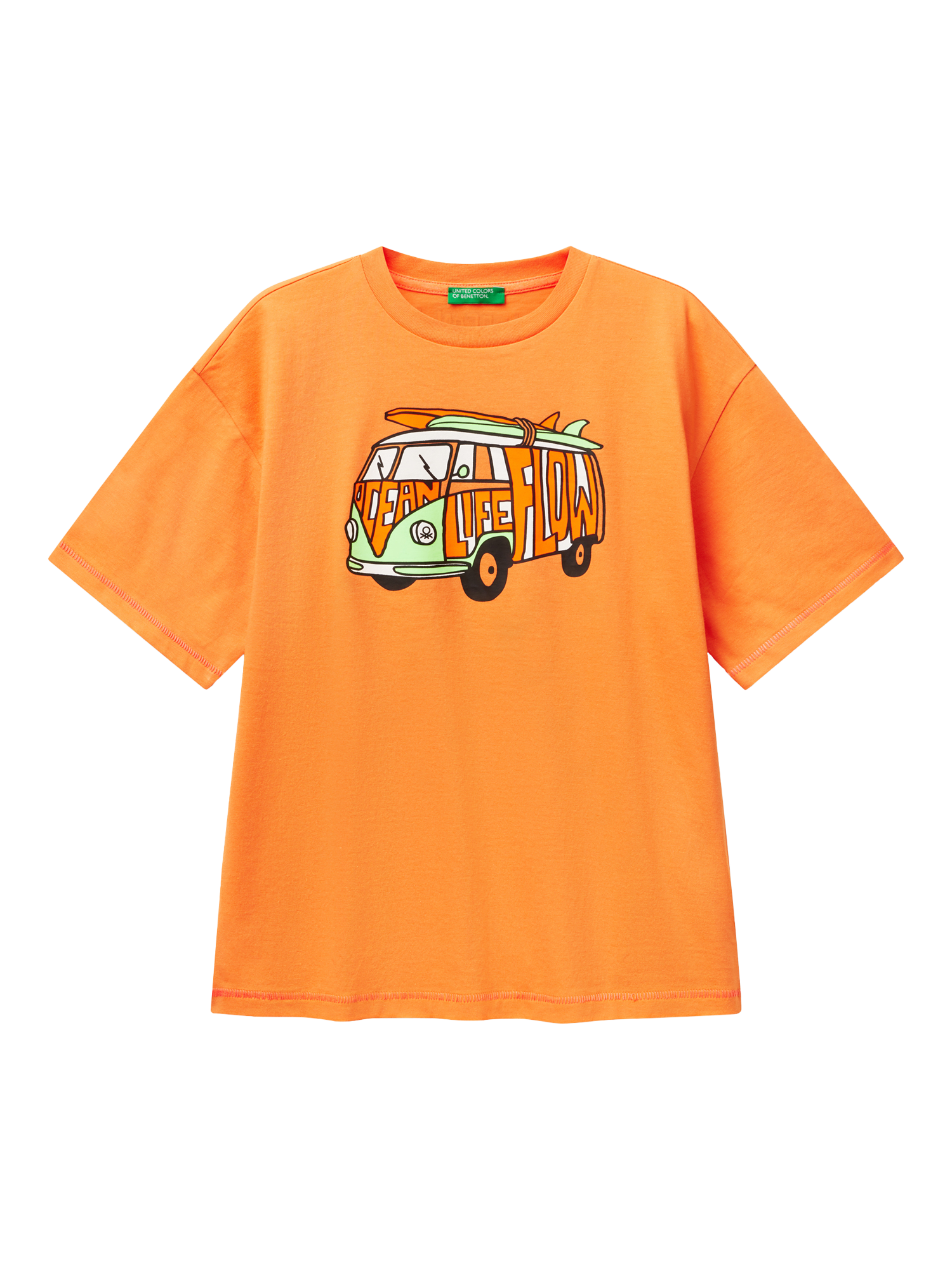Product image 1 of 3, which shows Benetton Kids' Cotton Crew Neck Graphic Print T-Shirt, Apricot, 6-7 years
