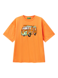Benetton Kids' Cotton Crew Neck Graphic Print T-Shirt, Apricot