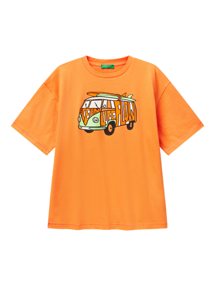 Benetton Kids' Cotton Crew Neck Graphic Print T-Shirt, Apricot, Apricot