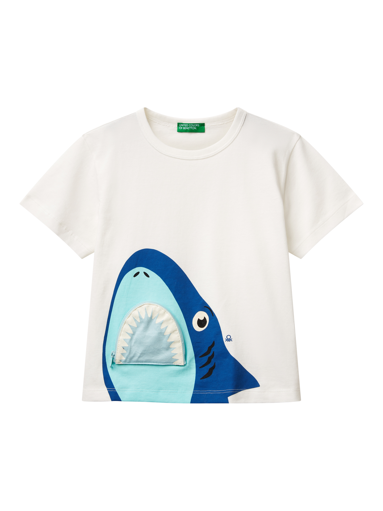 Product image 1 of 3, which shows Benetton Kids' Cotton Zipped Shark T-Shirt, Off White, 3-4 years