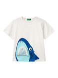 Benetton Kids' Cotton Zipped Shark T-Shirt, Off White