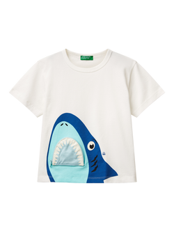 Benetton Kids' Cotton Zipped Shark T-Shirt, Off White, Off White