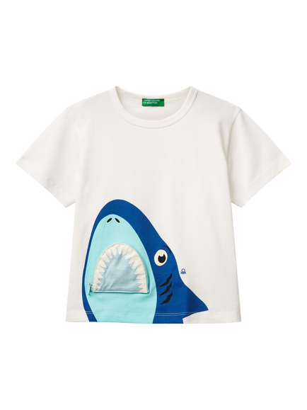 Benetton Kids' Cotton Zipped Shark T-Shirt, Off White, Off White