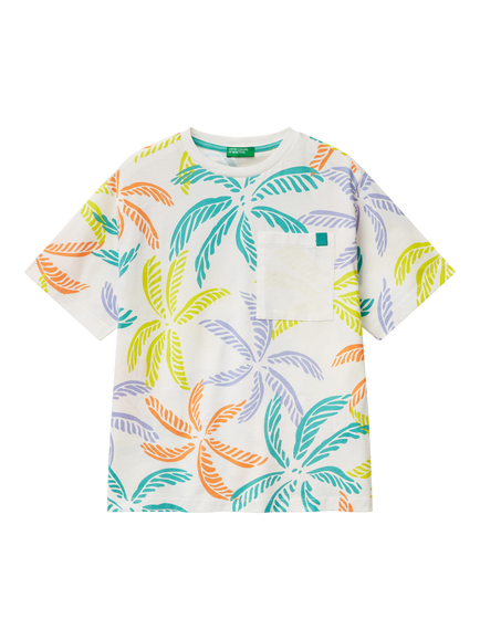 Benetton Kids' Cotton Short Sleeved Leaf Print T-Shirt, White/Multi, White/Multi