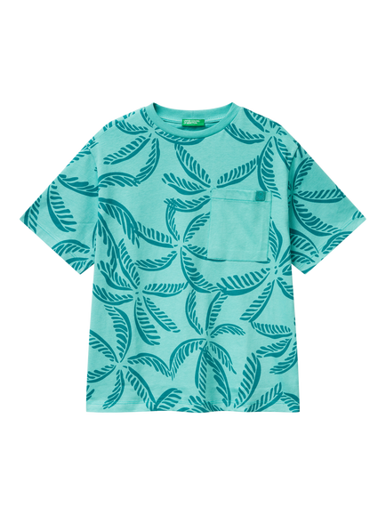 Benetton Kids' Cotton Short Sleeved Leaf Print T-Shirt, Multicolor, Multicolor