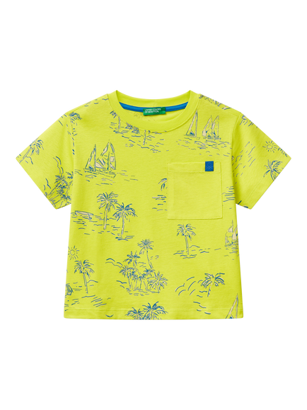 Benetton Kids' Cotton Tree and Boat Print T-Shirt, Multicolor, Multicolor