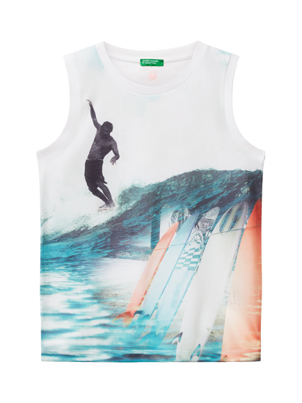 Benetton Kids' Cotton Sleeveless Surfing Print Tank Top, Multicolor, Multicolor
