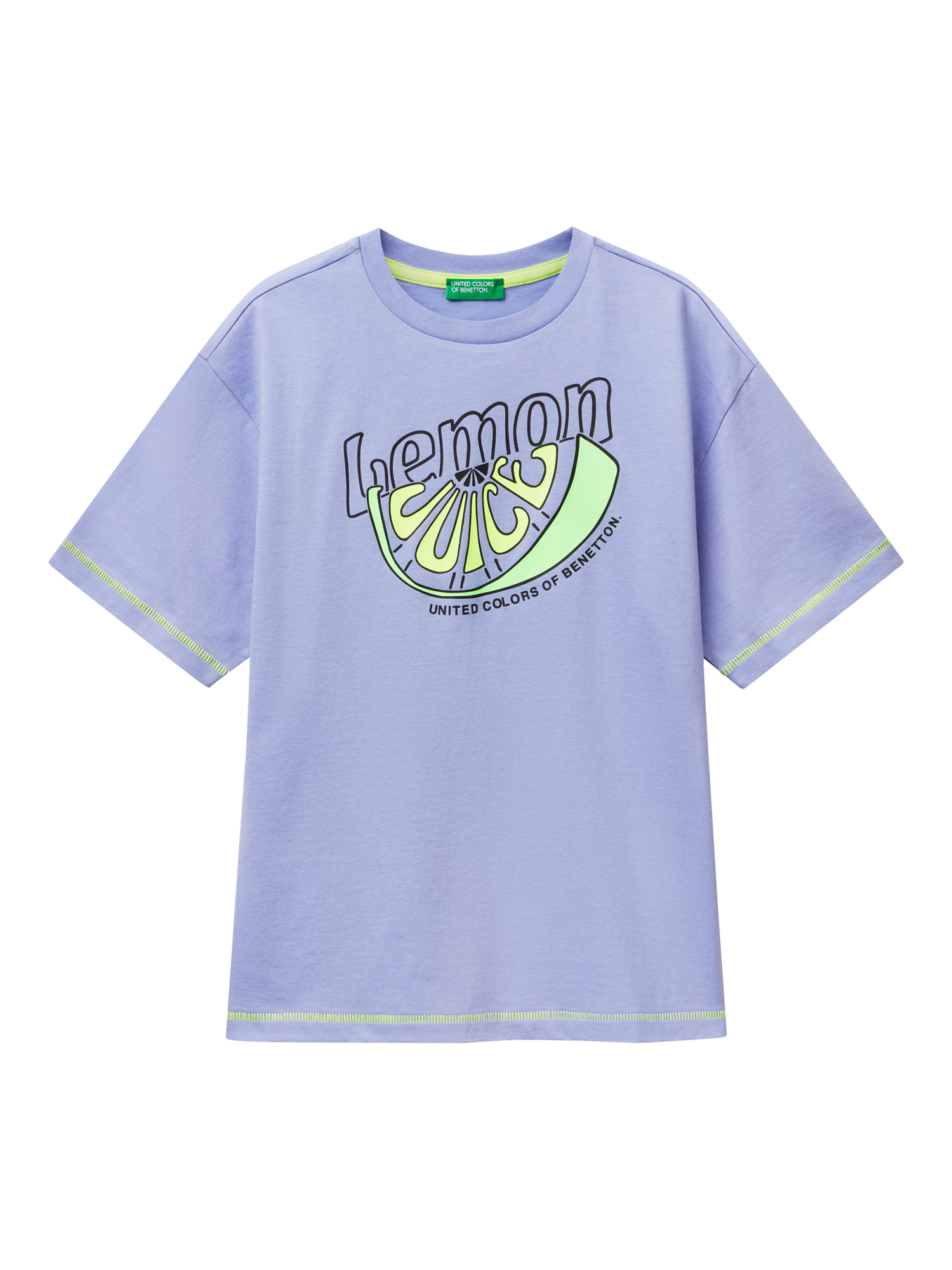 Product image 1 of 3, which shows Benetton Kids' Cotton Lemon Print T-Shirt, Periwinkle, 6-7 years