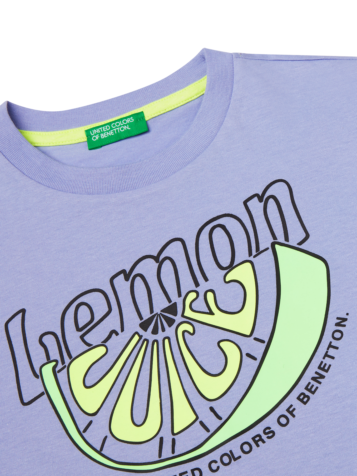 Product image 3 of 3, which shows Benetton Kids' Cotton Lemon Print T-Shirt, Periwinkle, 6-7 years
