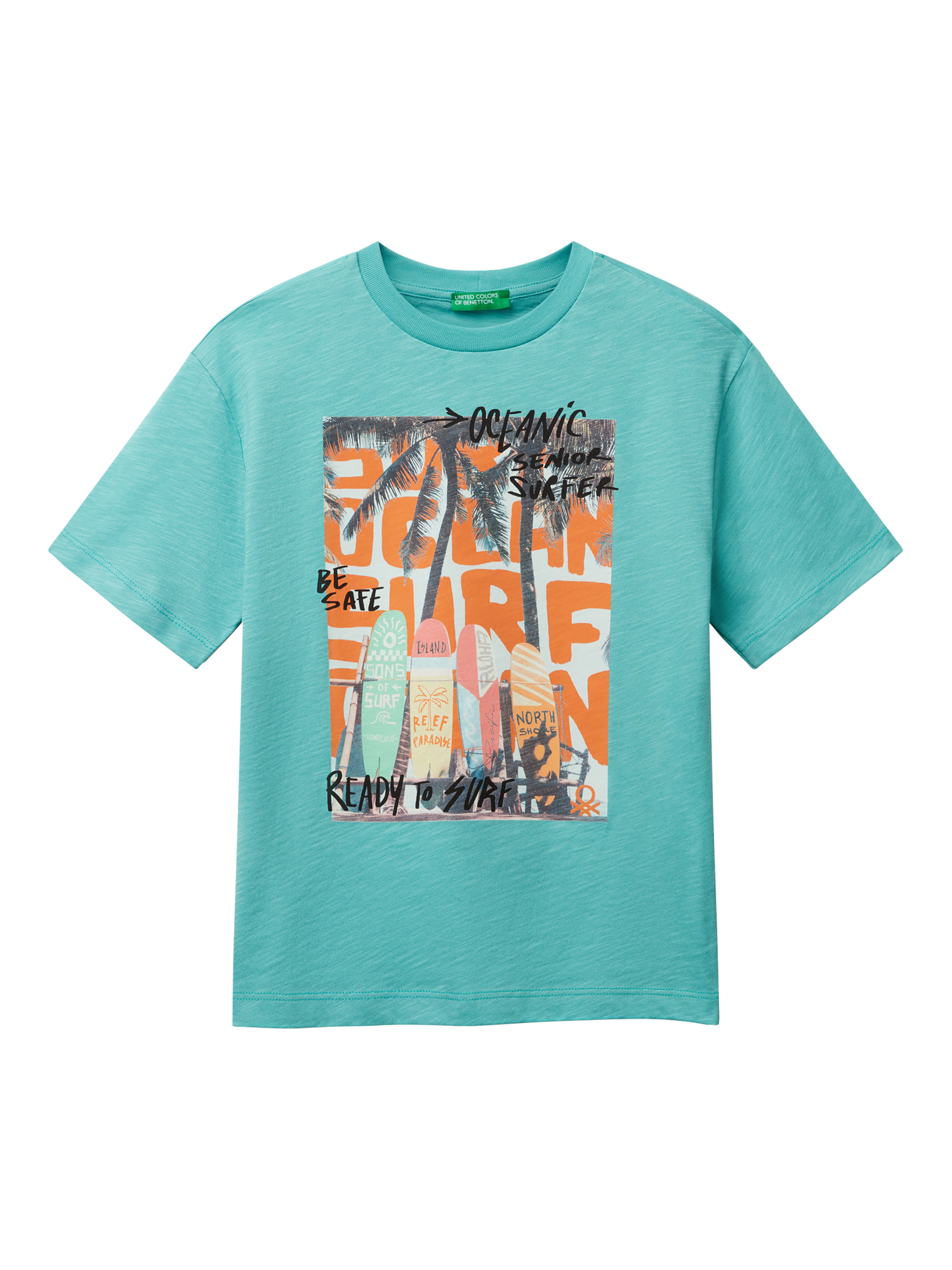 Product image 1 of 3, which shows Benetton Kids' Cotton Surf Print T-Shirt, Teal Green, 6-7 years