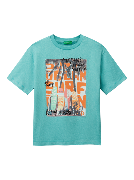 Benetton Kids' Cotton Surf Print T-Shirt, Teal Green, Teal Green
