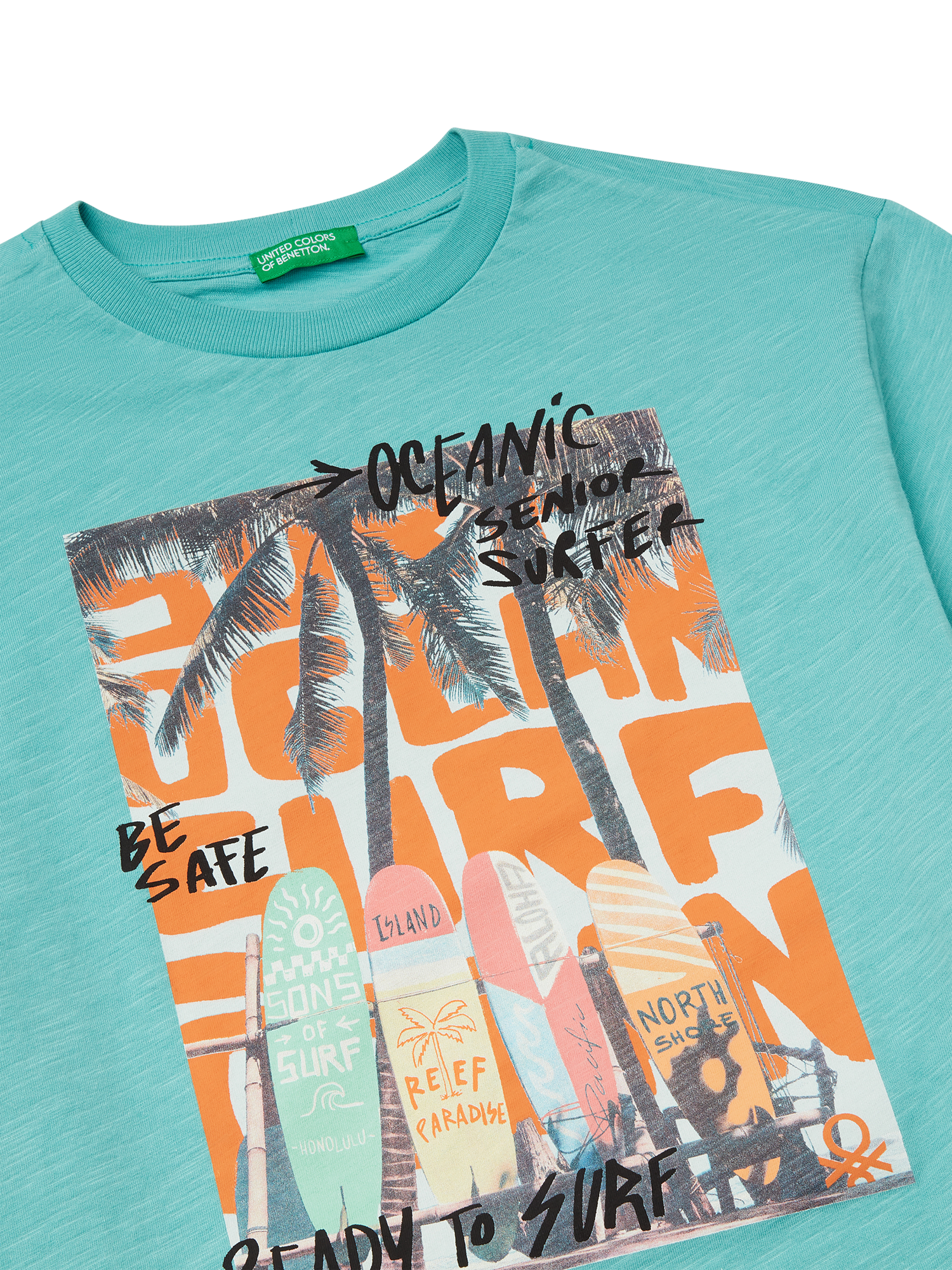 Product image 3 of 3, which shows Benetton Kids' Cotton Surf Print T-Shirt, Teal Green, 6-7 years